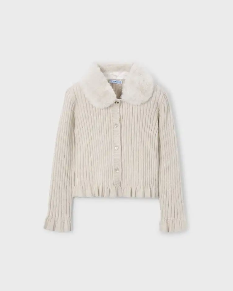 Cardigan Mayoral avorio in viscosa a coste con collo pelliccia