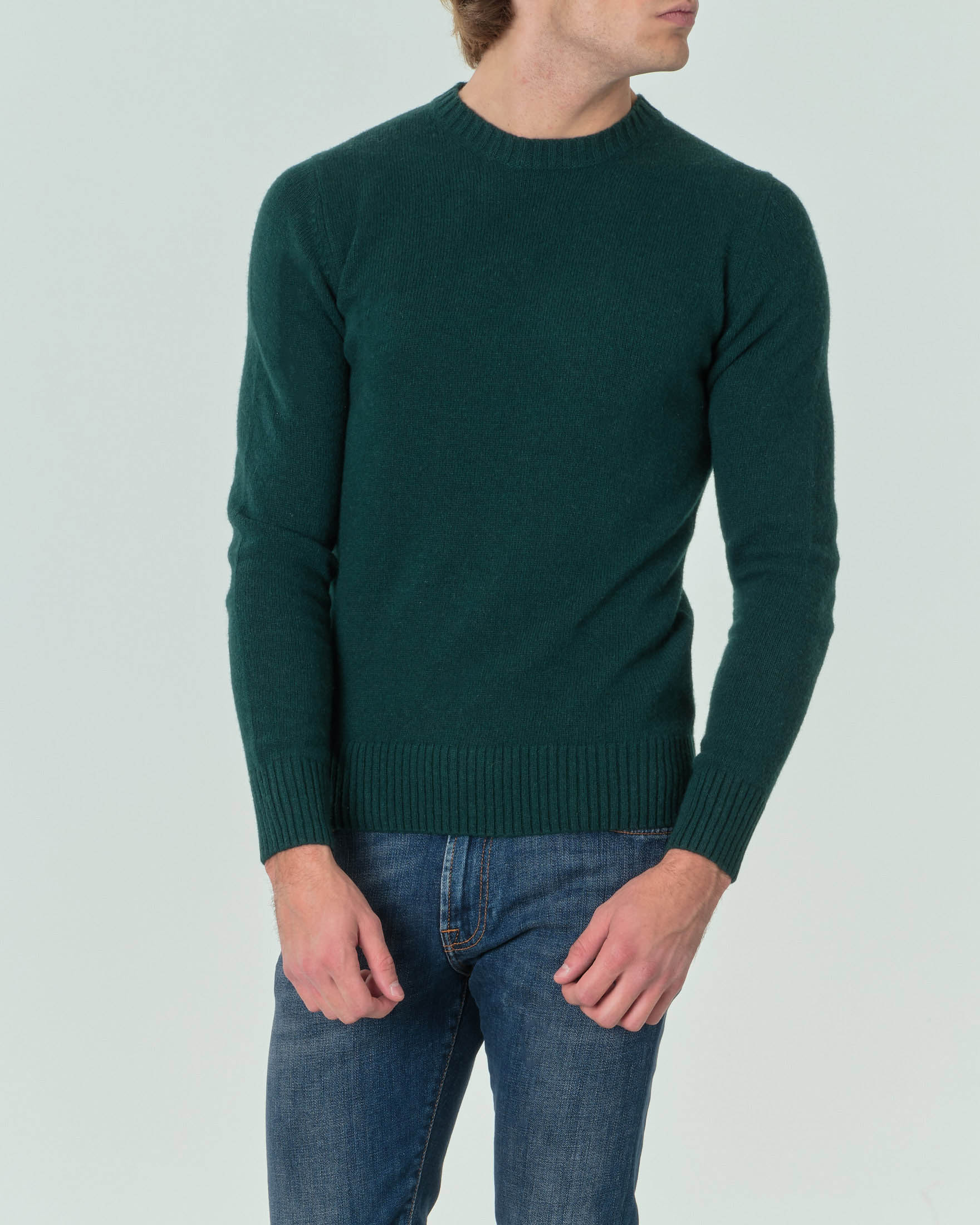 Maglione girocollo verde bottiglia tinta unita in lana finezza 7