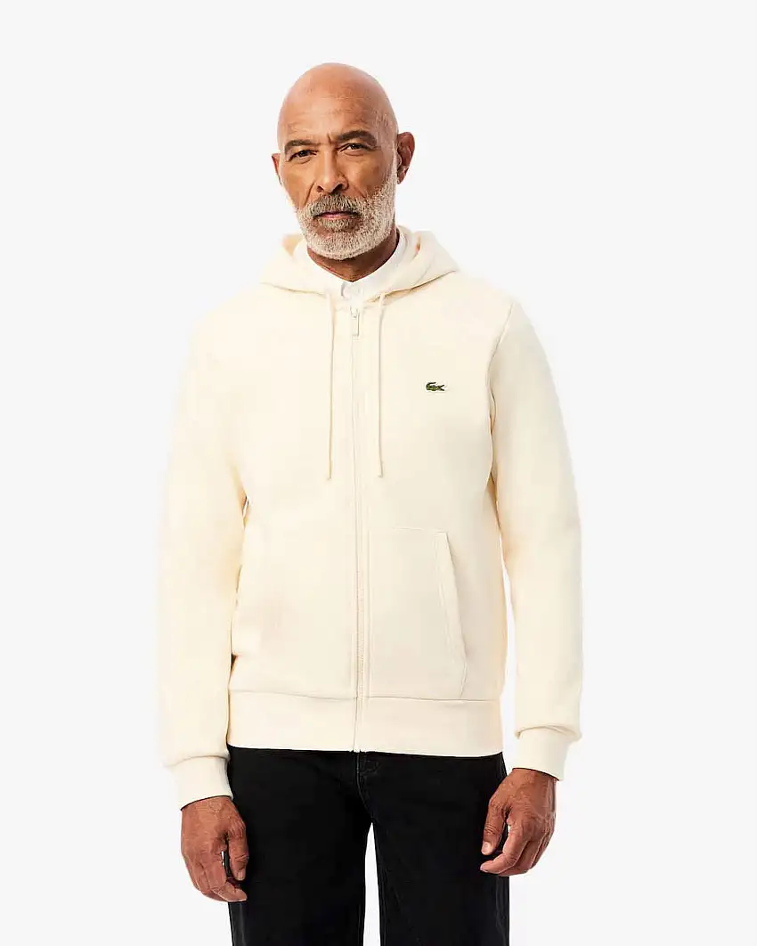 Felpa Lacoste color panna con cappuccio chiusura zip e logo coccodrillo ricamato sul petto