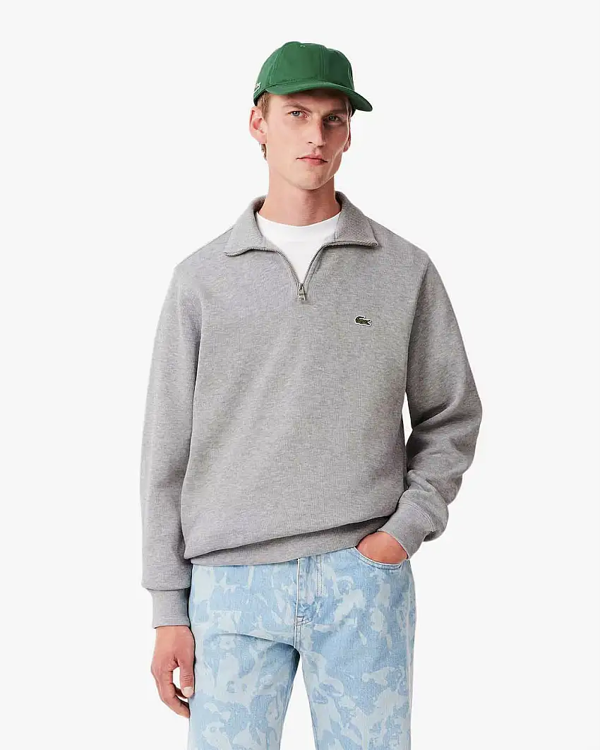 Felpa Lacoste grigia in interlock di cotone con apertura a mezza zip