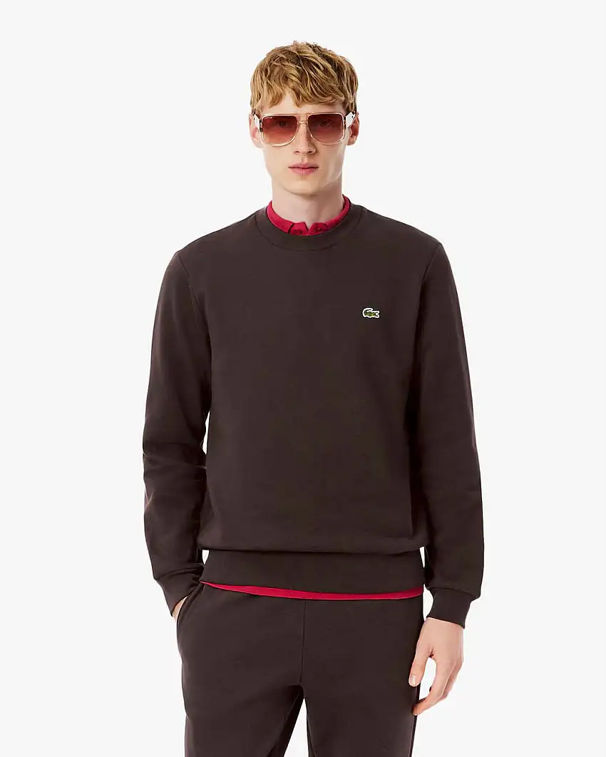 Felpa girocollo Lacoste marrone con logo coccodrillo ricamato sul petto