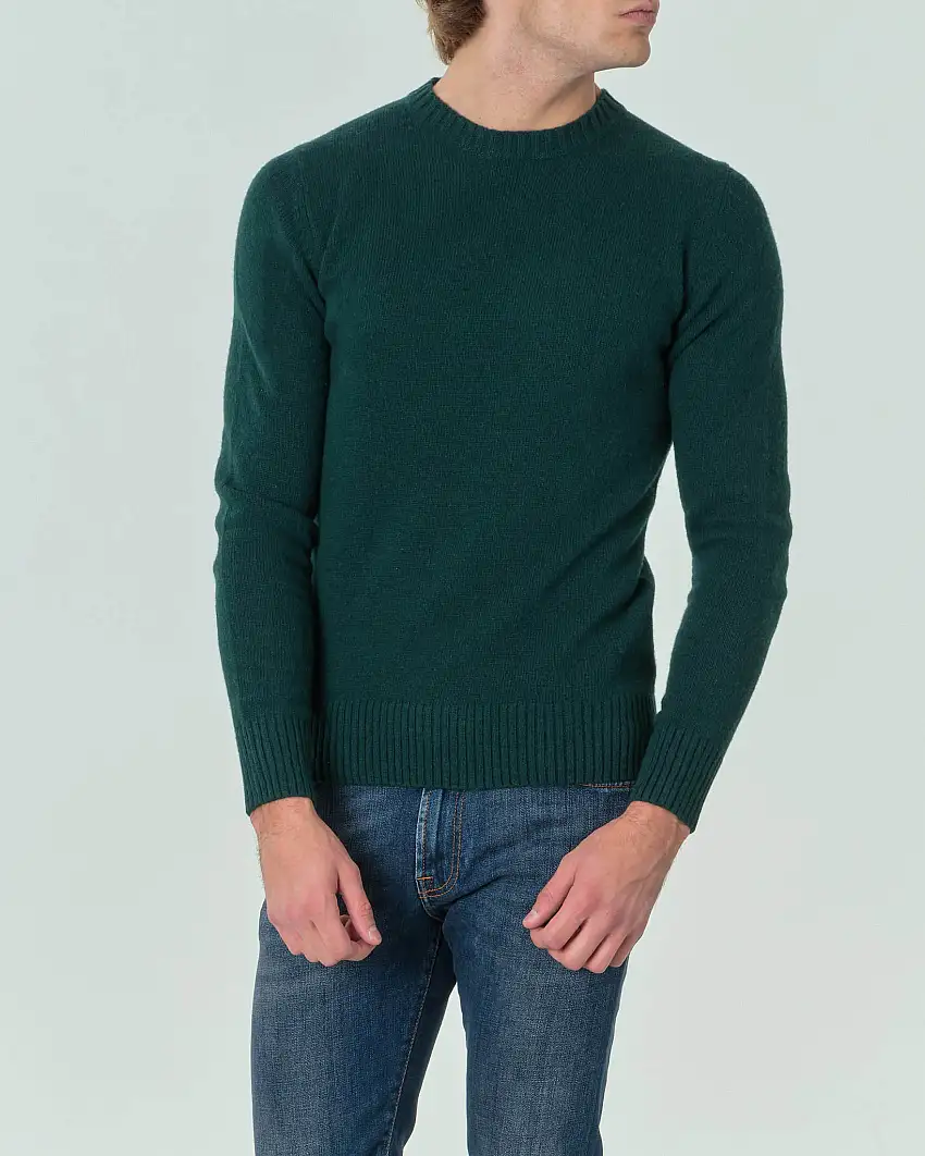Maglione girocollo verde bottiglia tinta unita in lana finezza 7