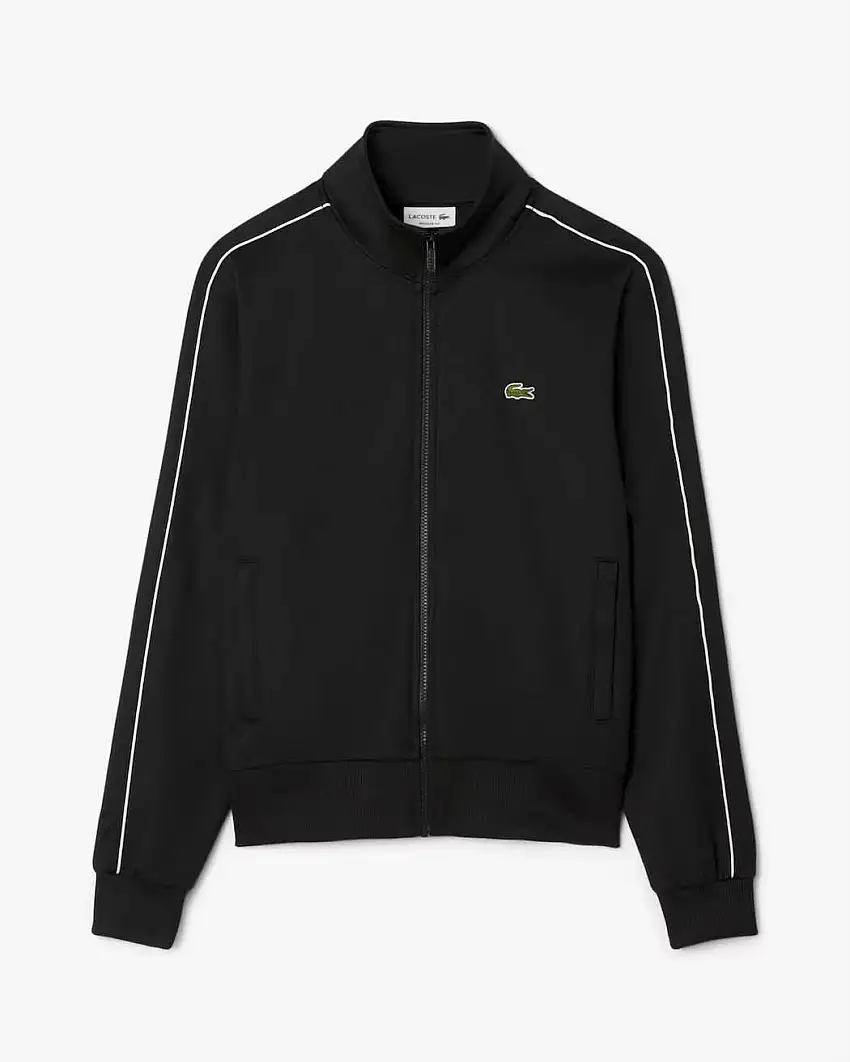 Felpa Lacoste nera in piquè interlock con piping bianco e chiusura zip