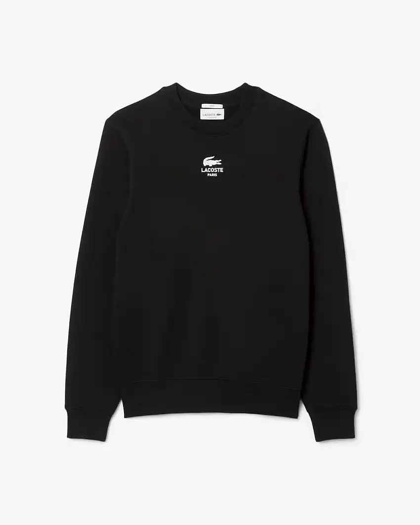 Felpa girocollo Lacoste nera classic-fit in puro cotone con logo e coccodrillo stampati centrali sul petto