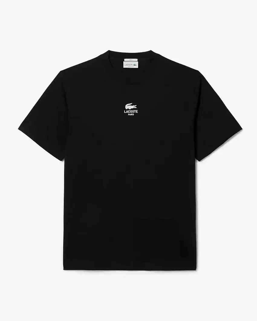 T-shirt Lacoste nera in jersey di cotone pesante con stampa logo davanti