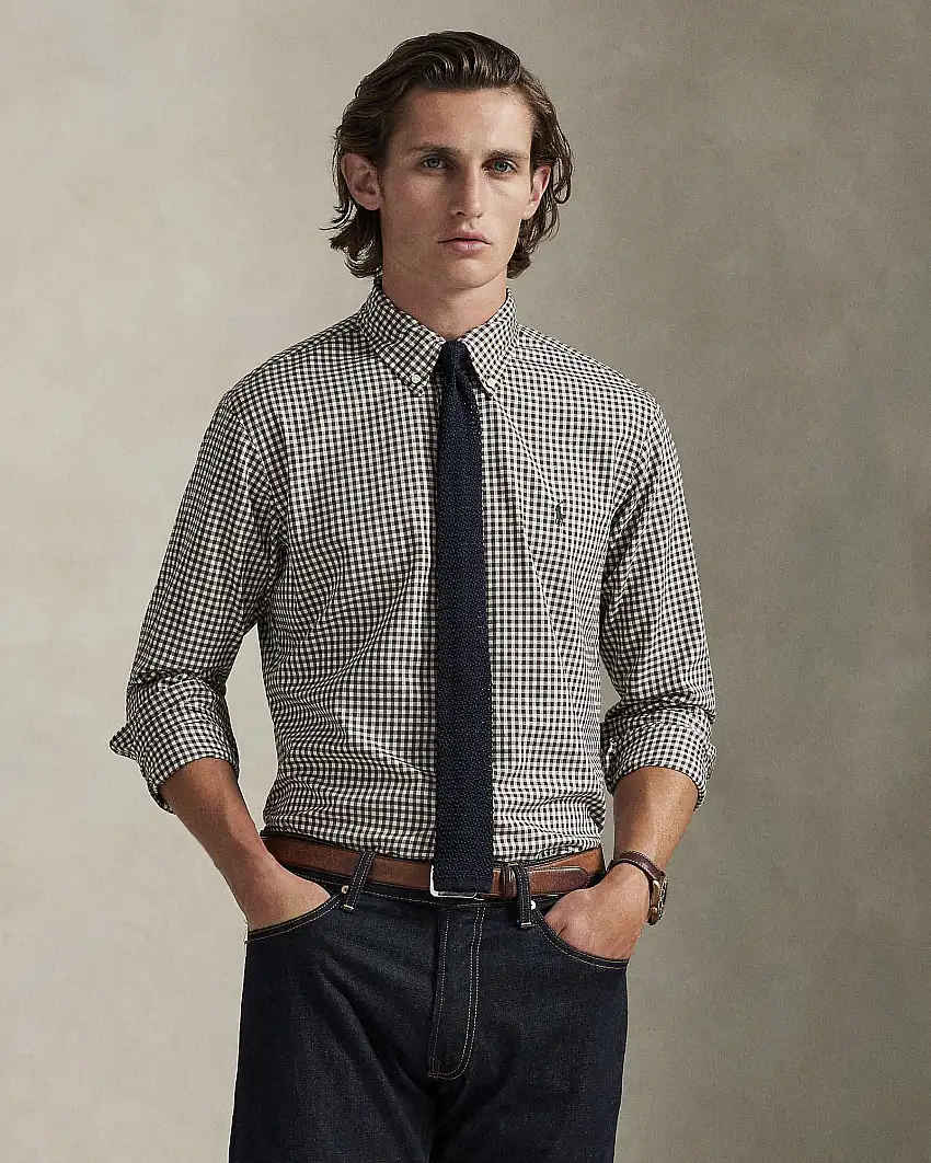 Camicia Polo Ralph Lauren custom-fit in cotone stretch a fantasia vichy bianca e marrone con colletto button-down