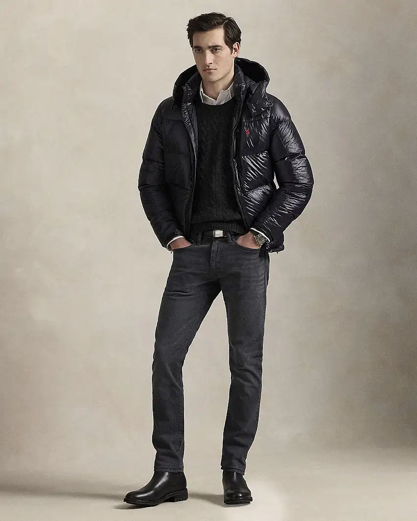 Piumino Polo Ralph Lauren nero in nylon lucido con cappuccio staccabile