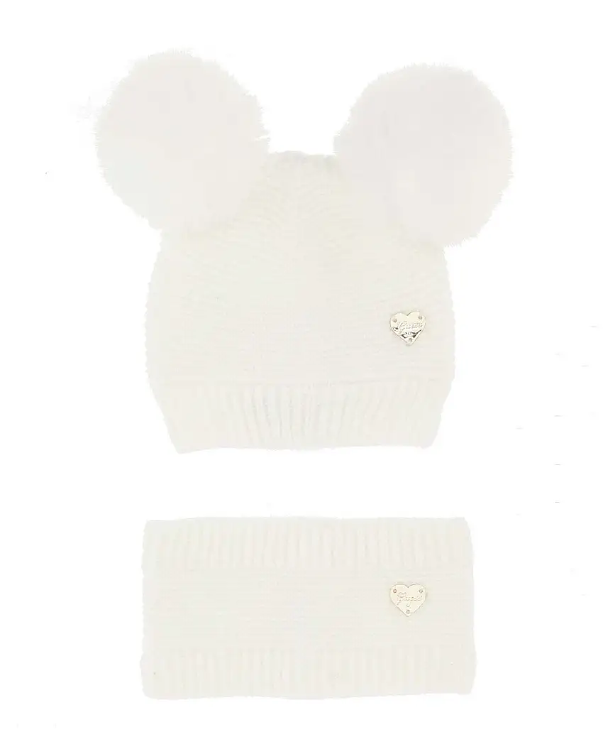 Berretto bianco con pom pom e scaldacollo Guess in misto viscosa