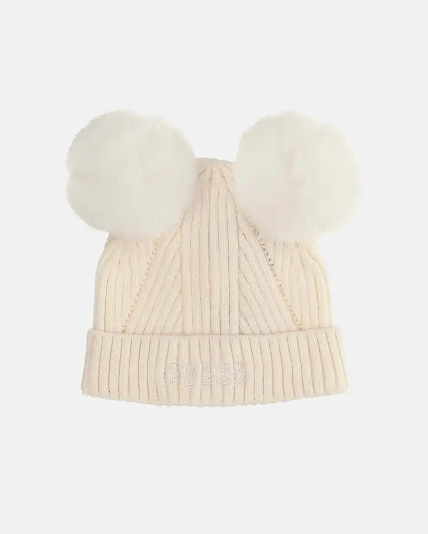 Berretto Guess avorio con pom pom in misto viscosa