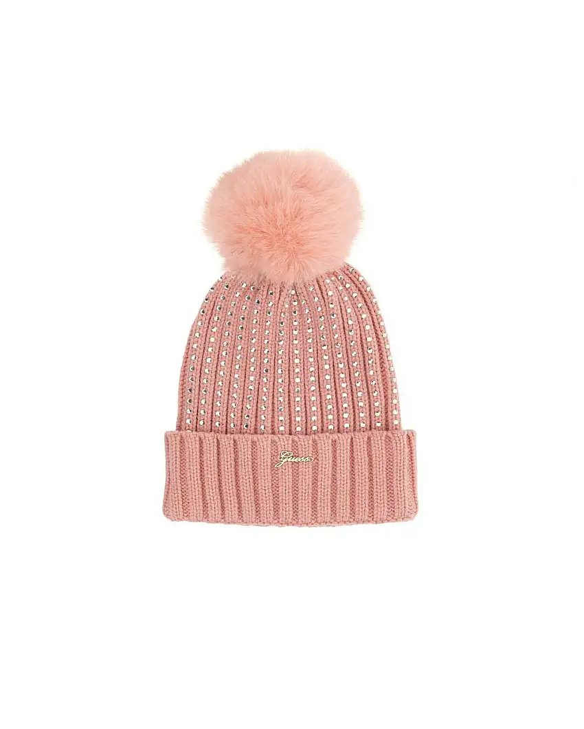 Berretto Guess rosa con pom pom e strass in misto viscosa