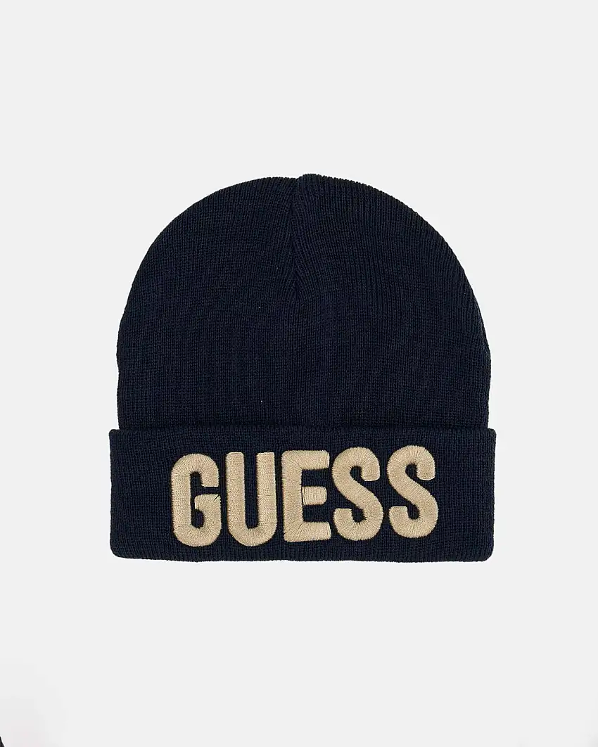 Berretto Guess blu in misto viscosa con scritta logo beige