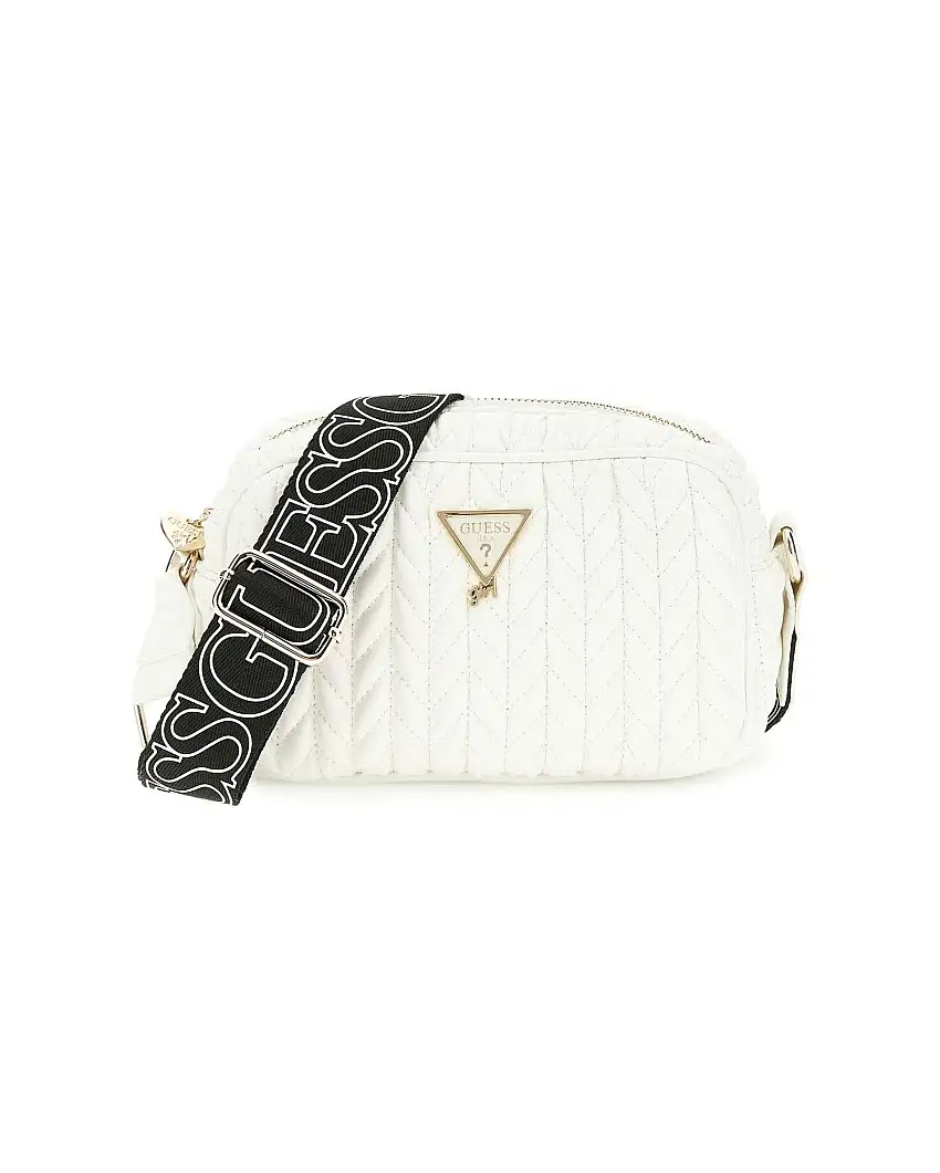 Borsa a saponetta Guess bianca trapuntata con tracolla logata nera