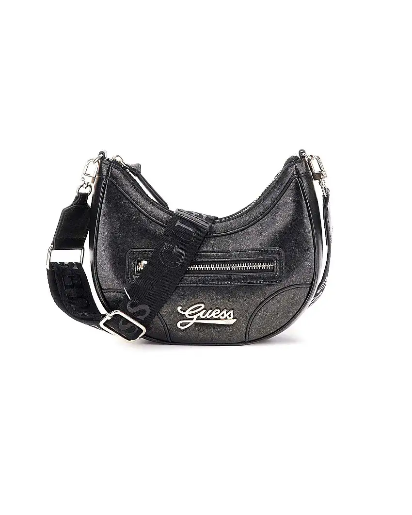 Borsa nera Guess in ecopelle lucida a mezzaluna con tracolla