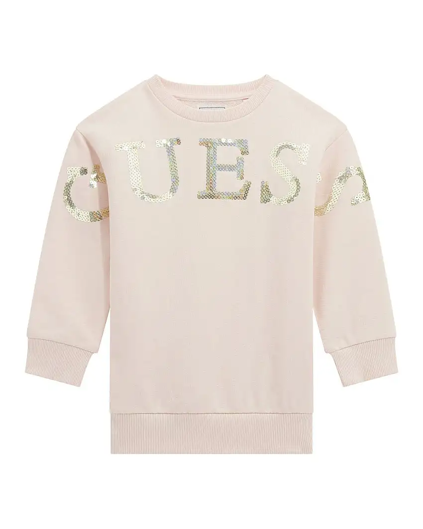 Abito Guess a maxi felpa rosa in puro cotone con scritta logo in pailettes