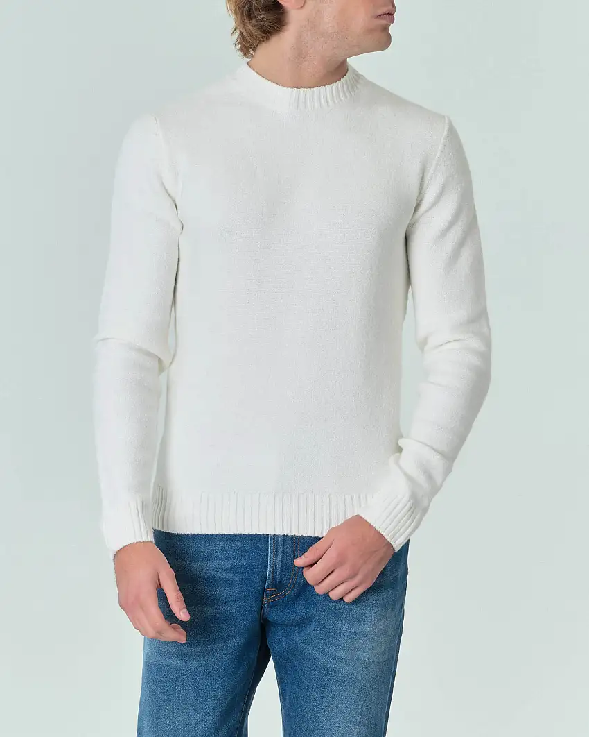 Maglia girocollo bianca in cotone stretch bouclé