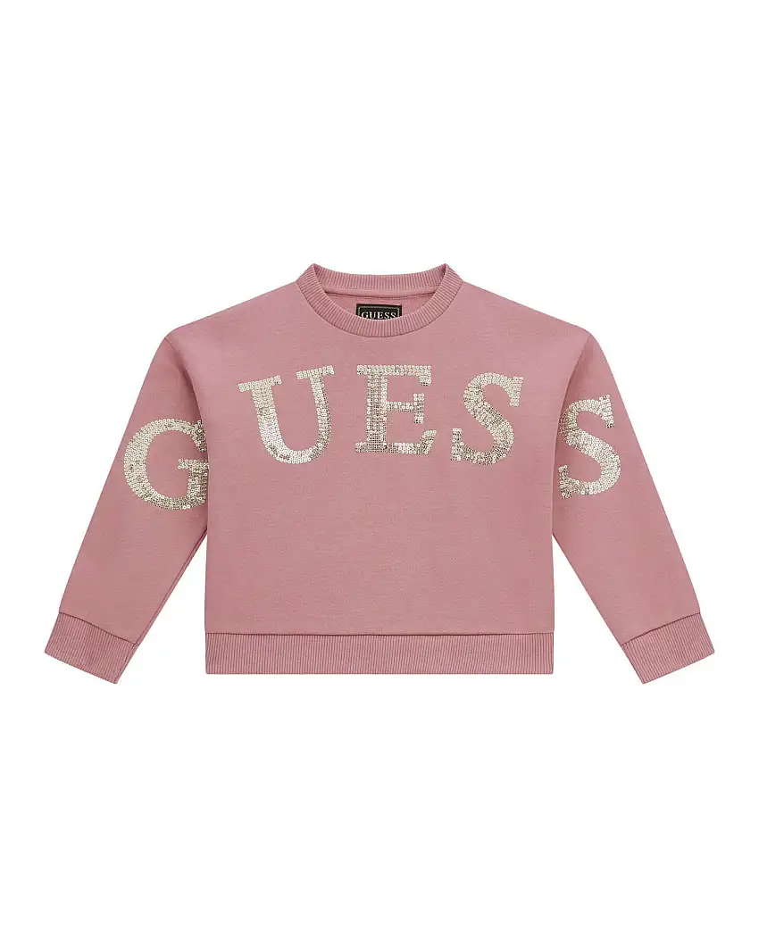 Felpa cropped Guess rosa antico con scritta logo oro paiettata