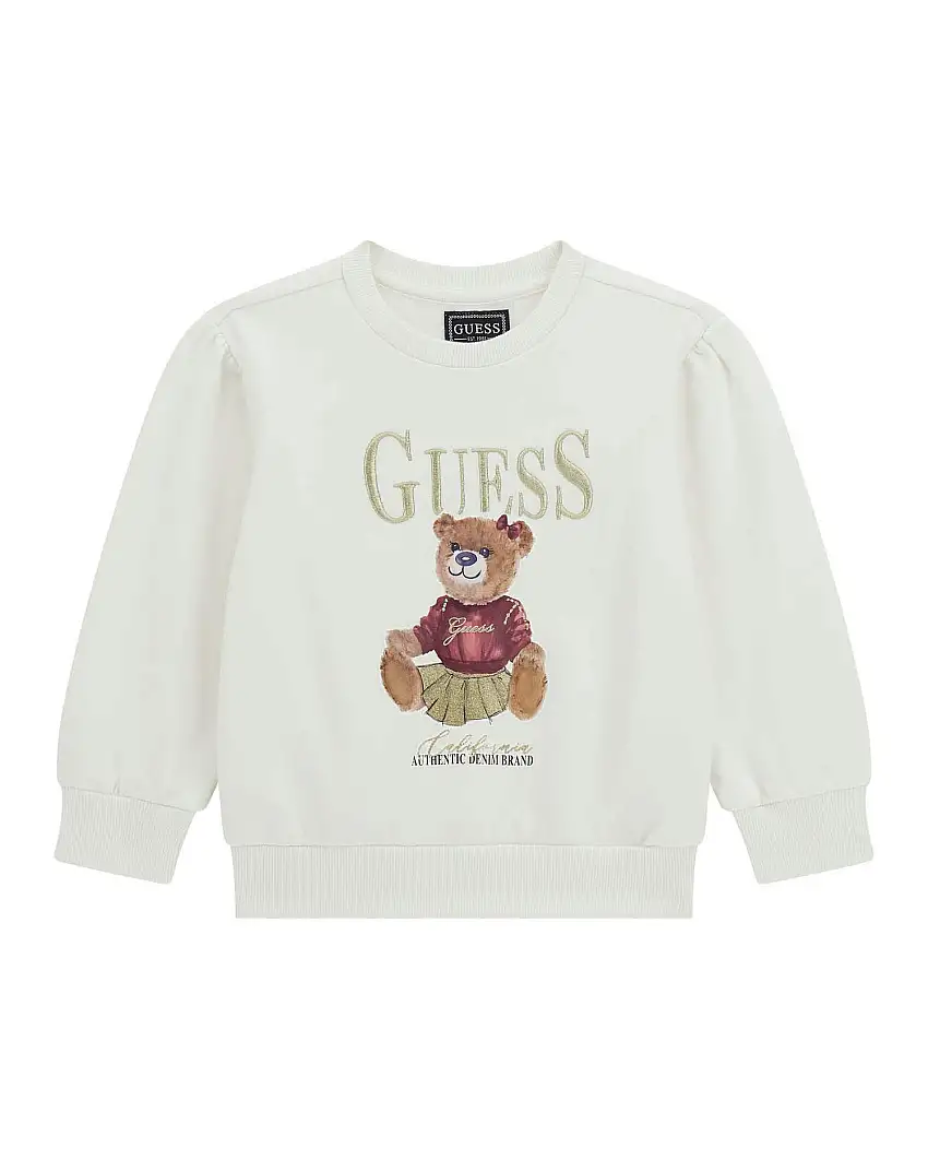 Felpa Guess bianca a maniche lunghe e stampa orsetta davanti