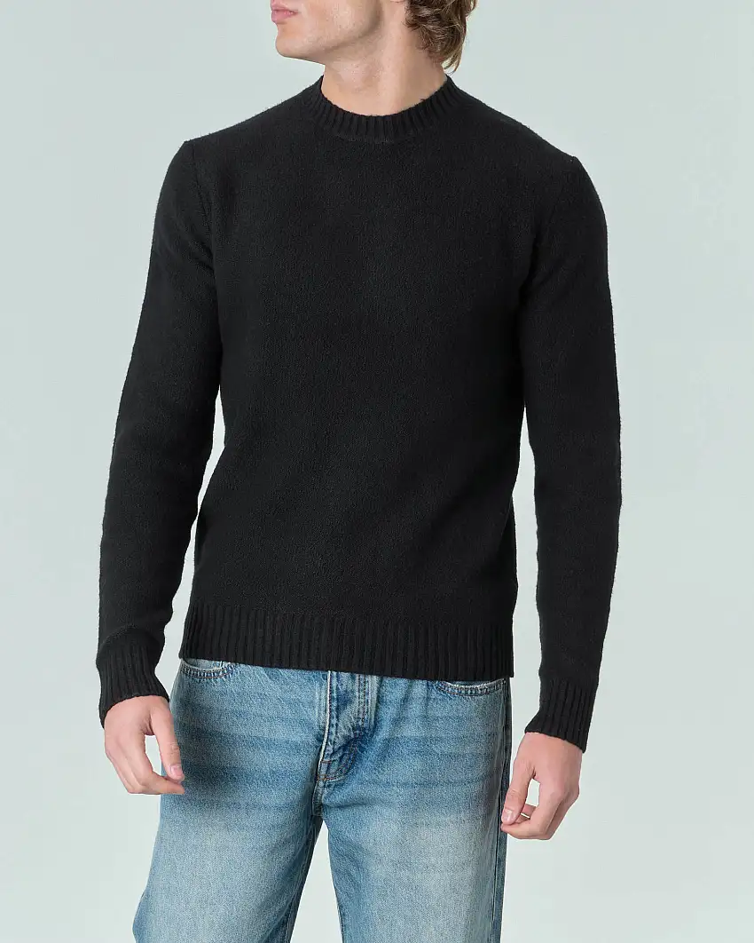 Maglia girocollo nera in cotone stretch bouclé