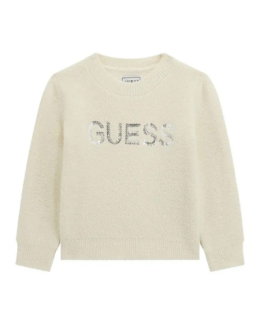 Maglioncino Guess color panna con logo pailettes argento