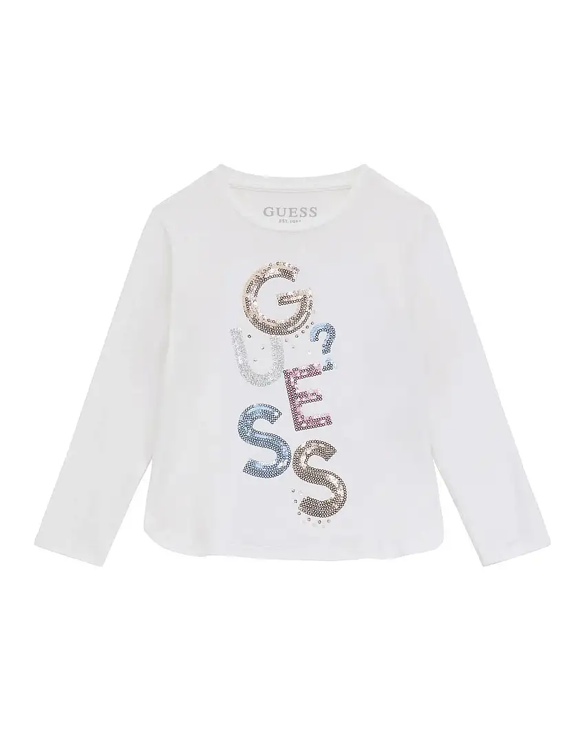 T-shirt Guess bianca a maniche lunghe in misto viscosa con logo pailettes multicolor