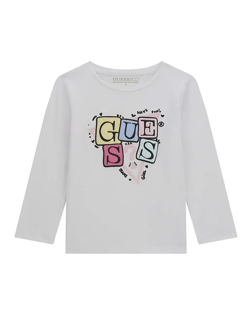 T-shirt Guess bianca a maniche lunghe in misto cotone con logo gommato multicolor