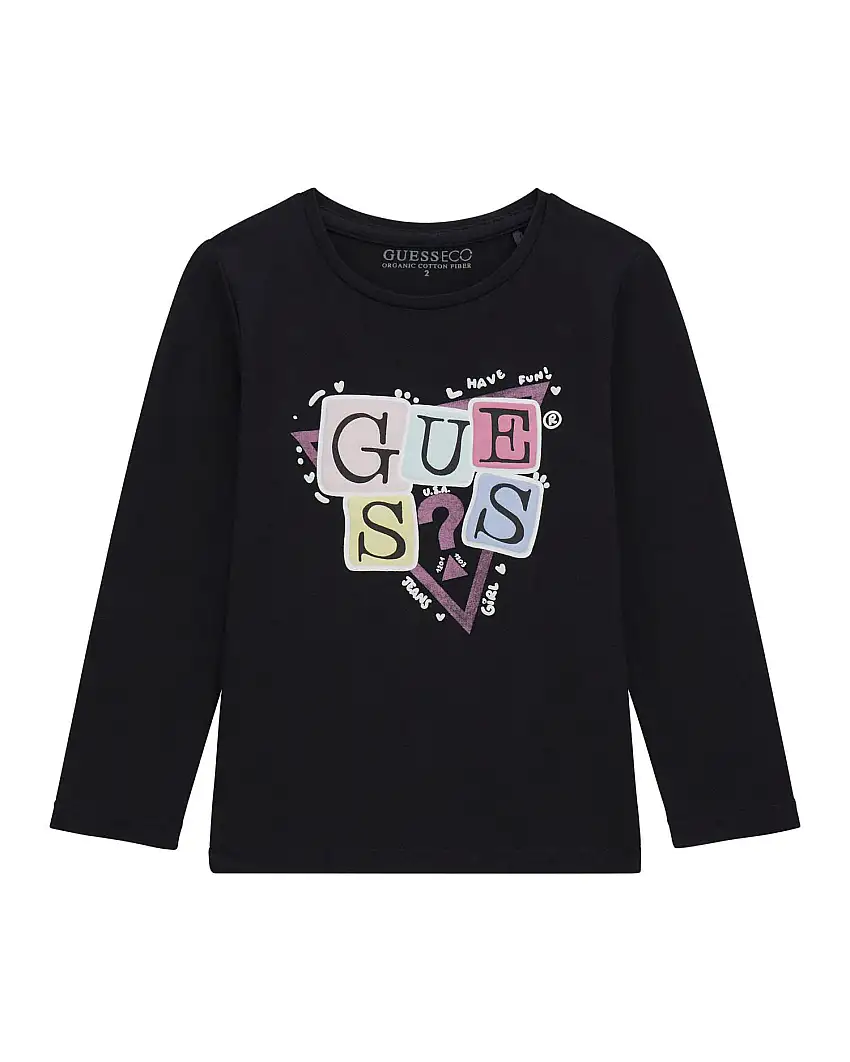 T-shirt Guess nera a maniche lunghe in misto cotone con logo gommato multicolor