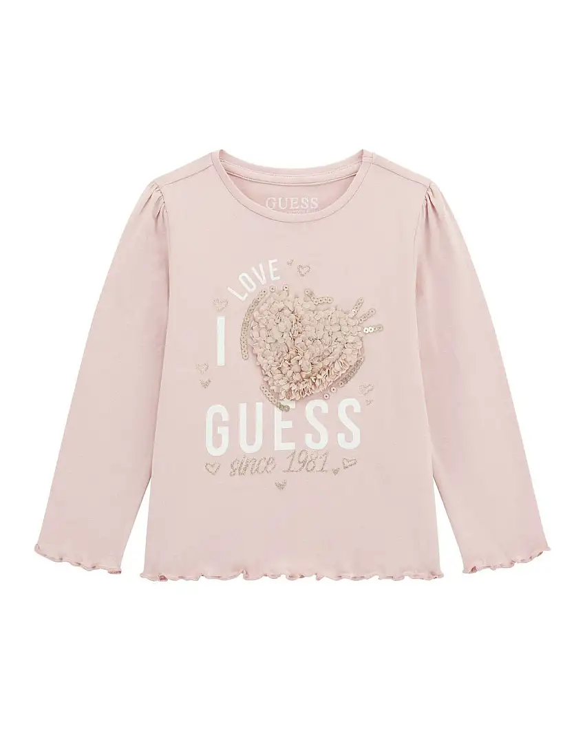 T-shirt Guess in puro cotone rosa con cuore e petali in rilievo