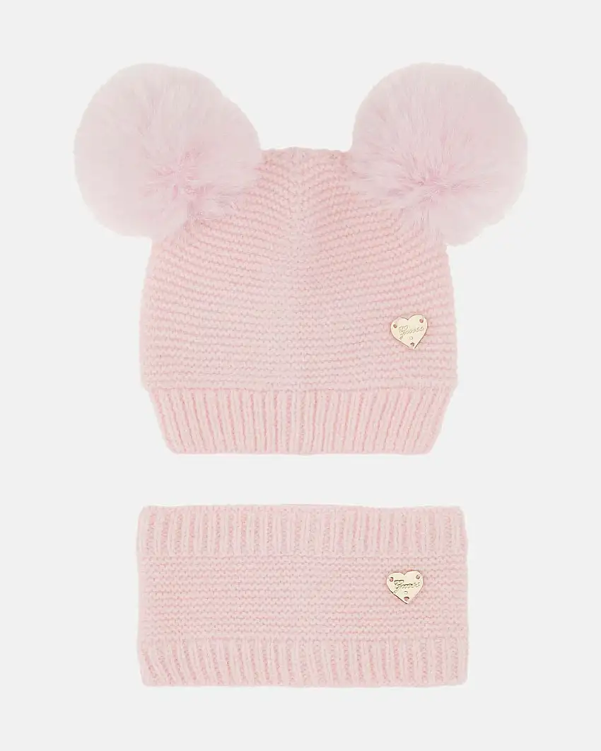 Berretto rosa con pom pom e scaldacollo Guess in misto viscosa