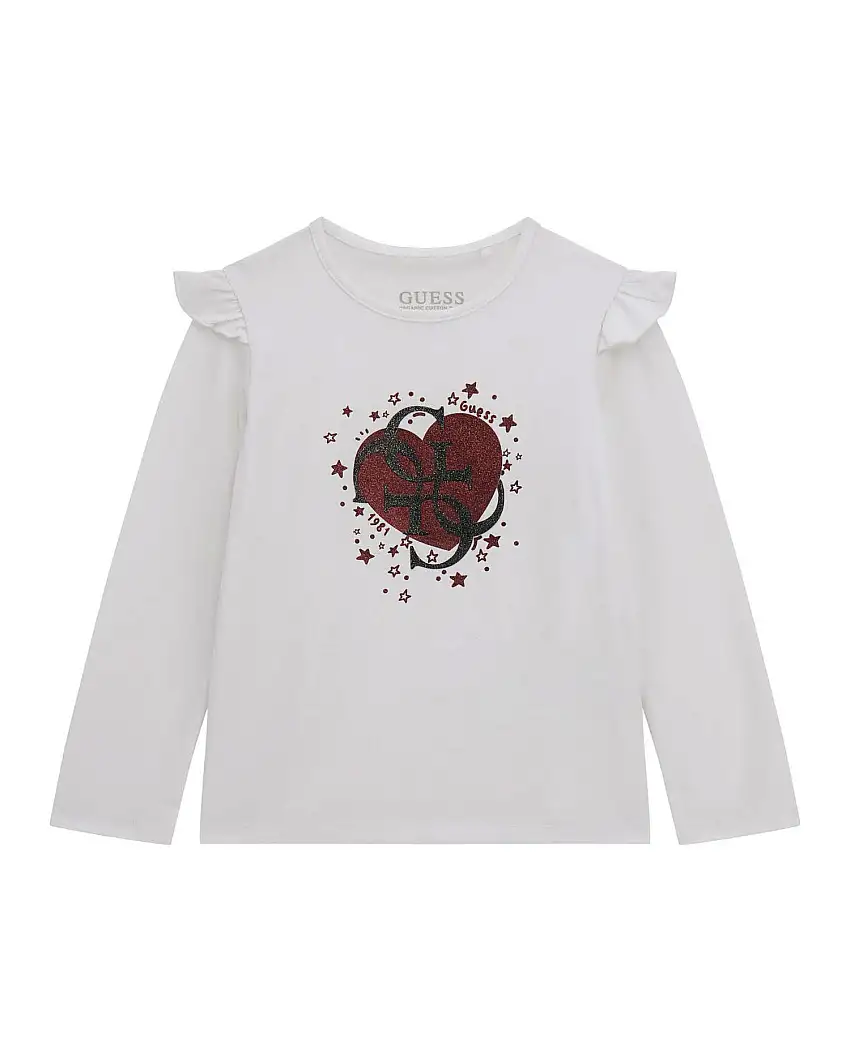 T-shirt Guess bianca con volant e logo monogram con cuore brillantinato