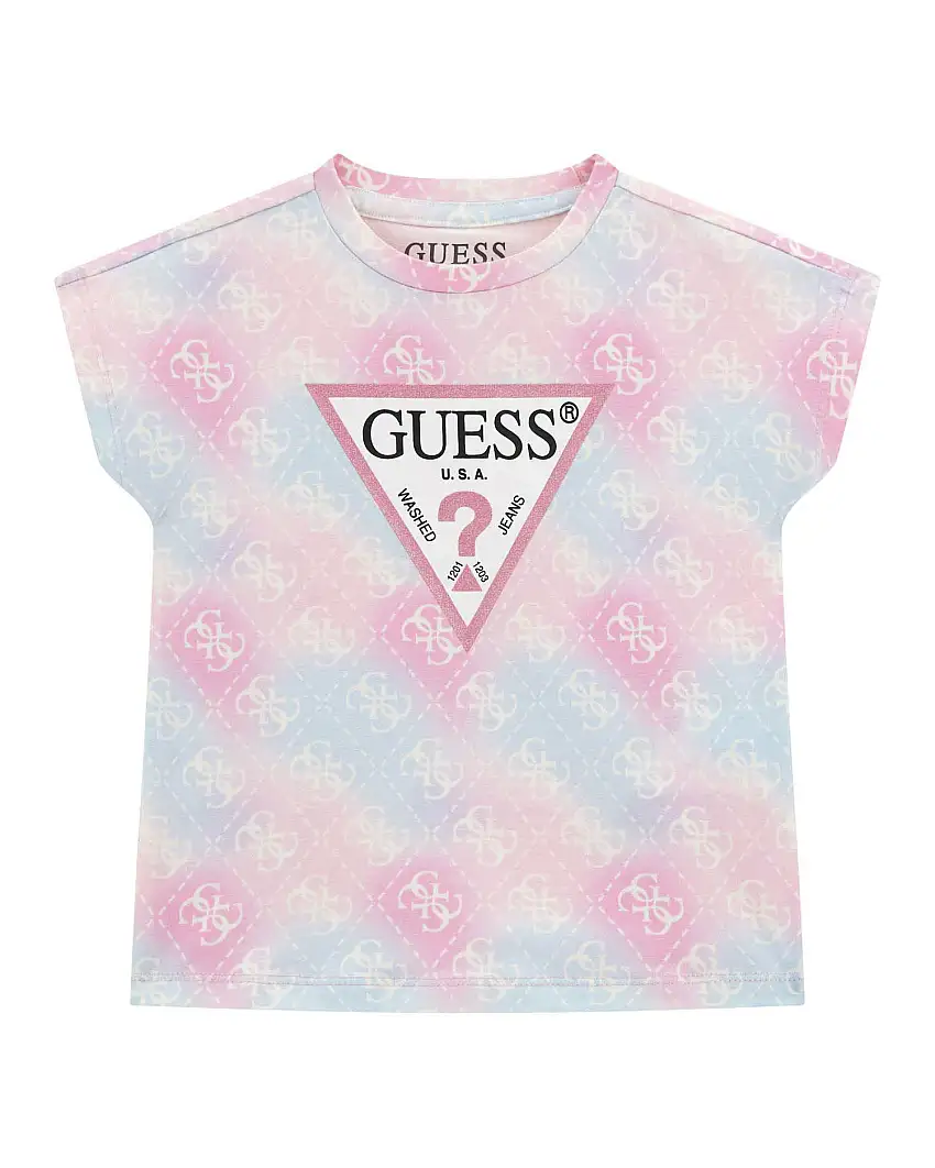 T-shirt Guess in cotone strech rosa e azzurro pastello con logo monogram
