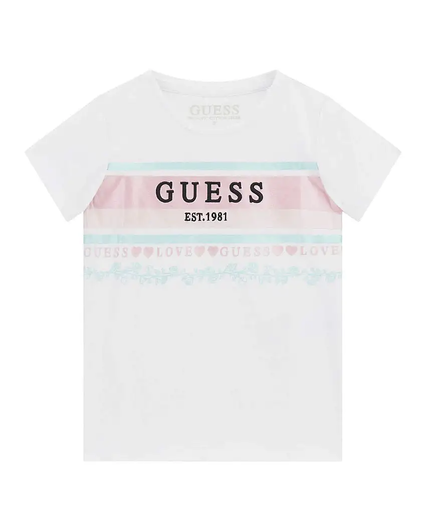 T-shirt Guess bianca in cotone stretch con con bande rosa e azzurre
