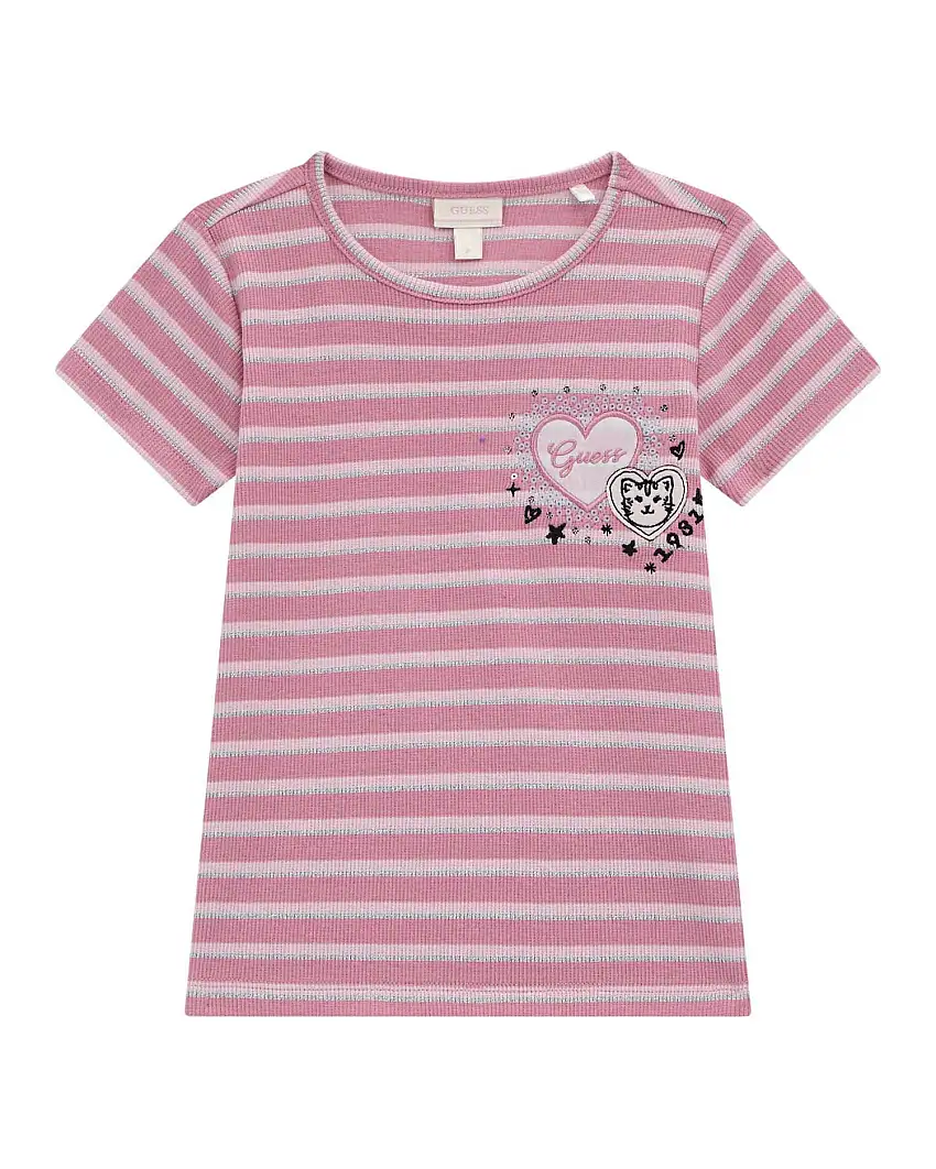 T-shirt Guess in cotone stretch rosa a righe argento
