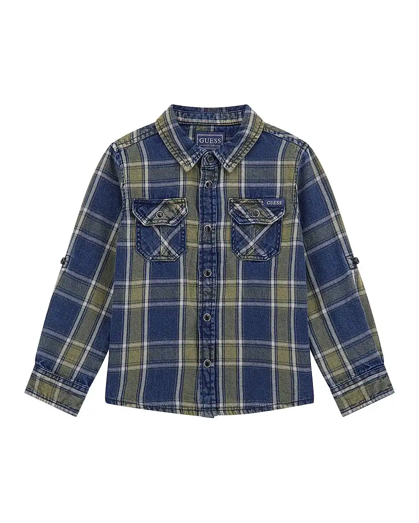 Camicia Guess denim di puro cotone a quadri blu e verde