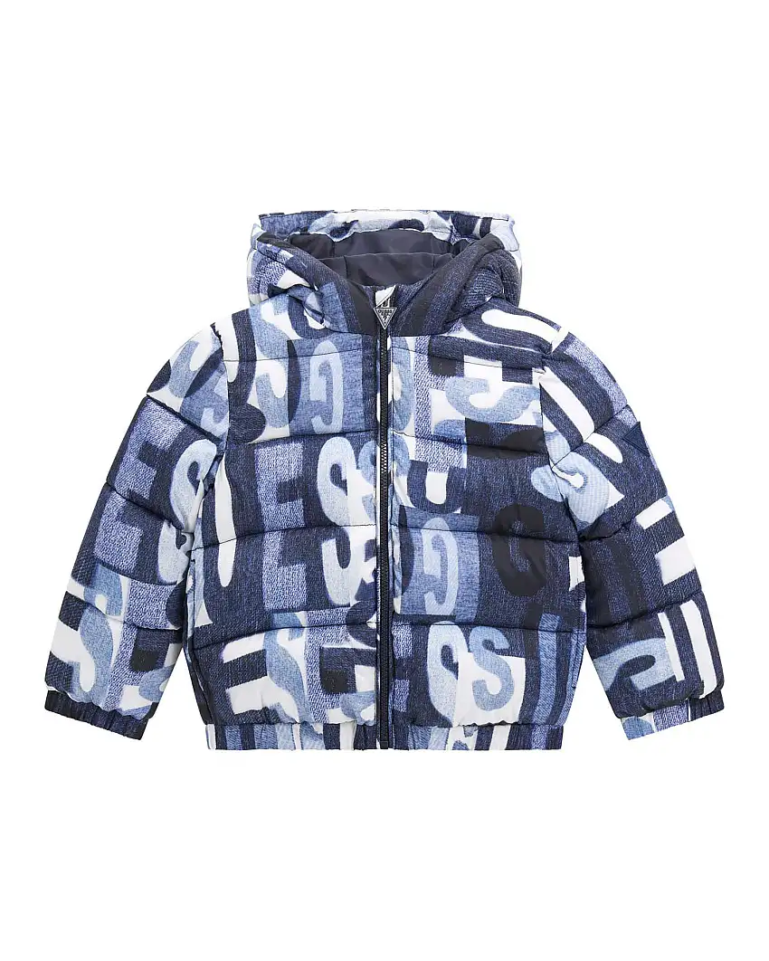 Piumino Guess in nylon blu e bianco effetto denim con cappuccio e maxi loghi