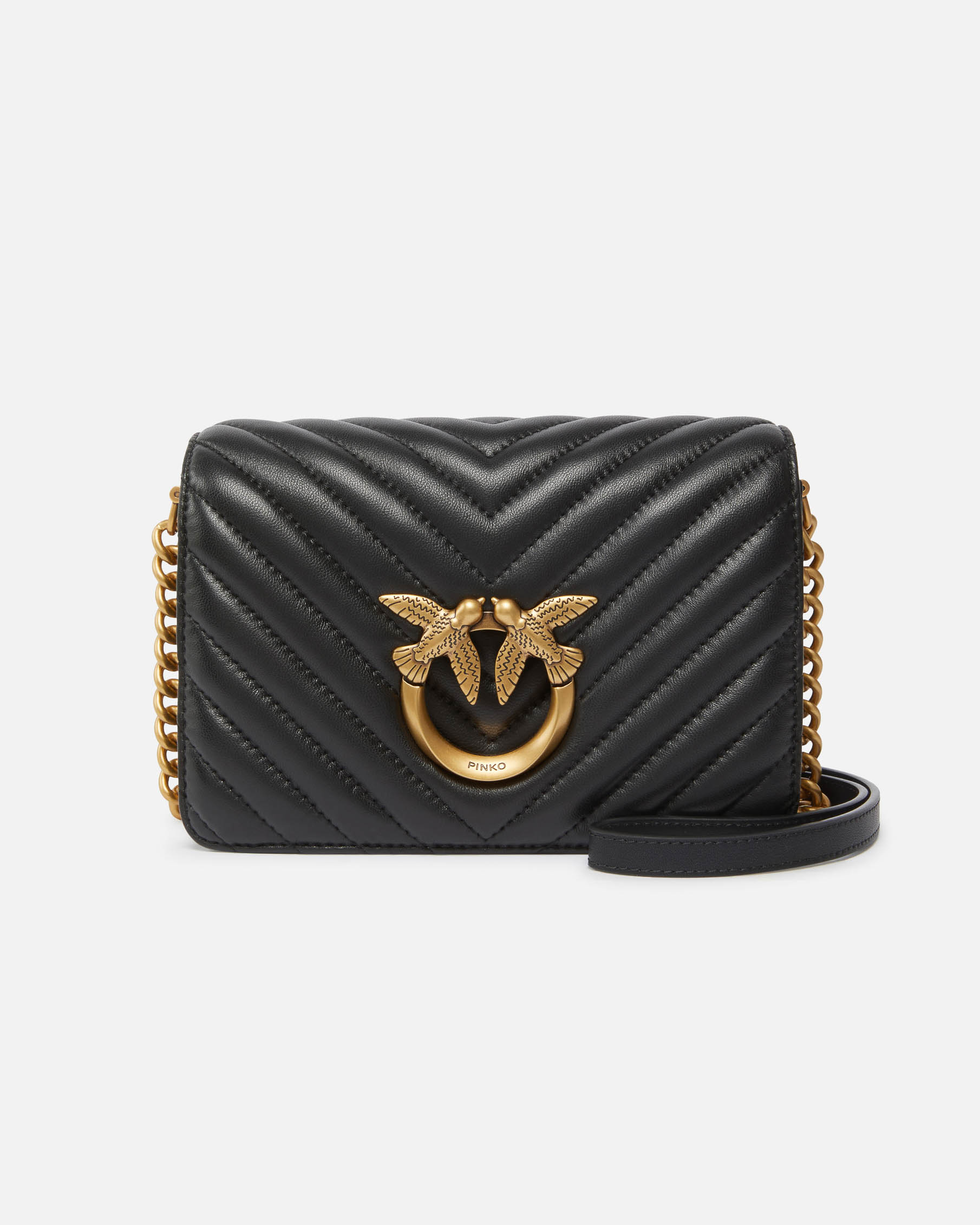 Mini Click Love Bag in pelle nera a motivo trapuntato chevron stretto con fibbia dorata Love Birds effetto cut out