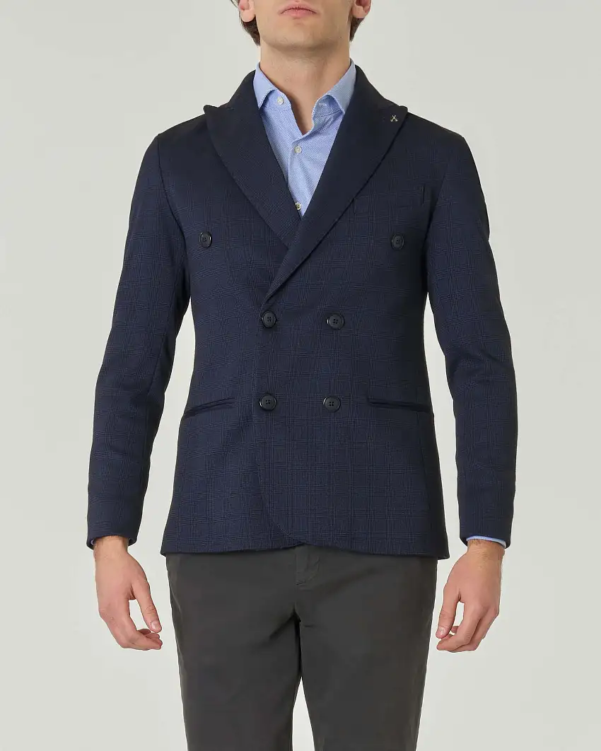 Blazer doppiopetto blu in tessuto stretch principe di Galles