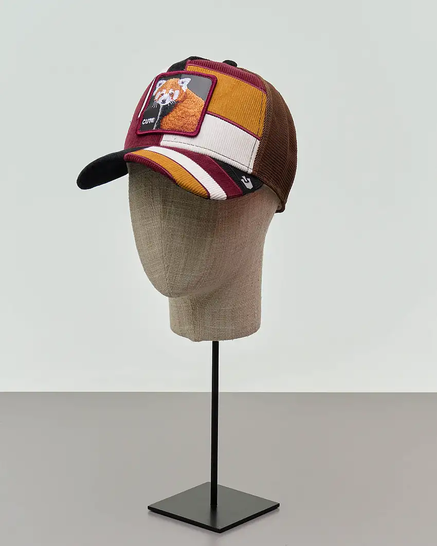 Berretto Dorbz trucker in velluto di cotone a blocchi multicolor con patch panda rosso