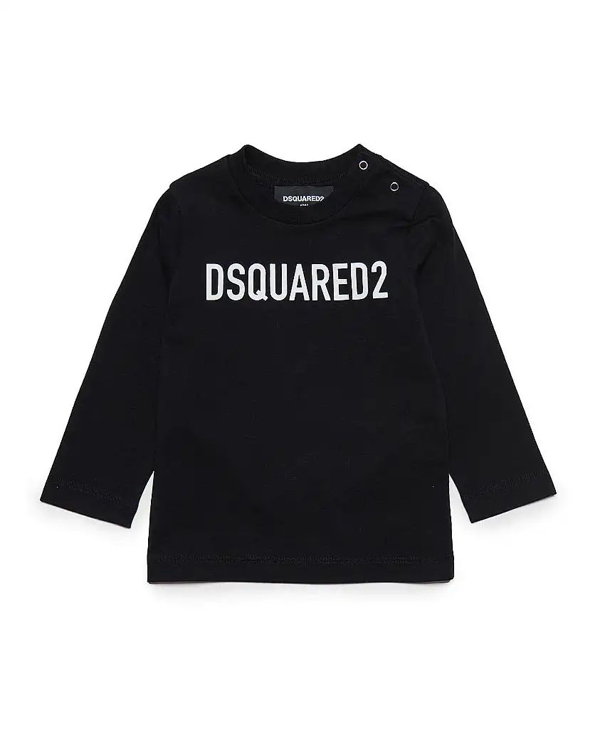 T-shirt Dsquared nera in cotone a maniche lunghe con scritta logo nera e bottoncini sulla spalla