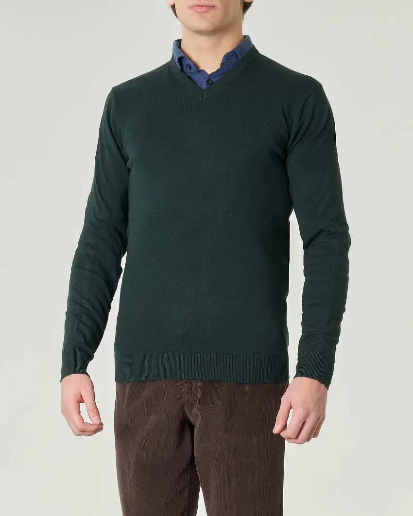 Maglia verde scollo a V tinta unita