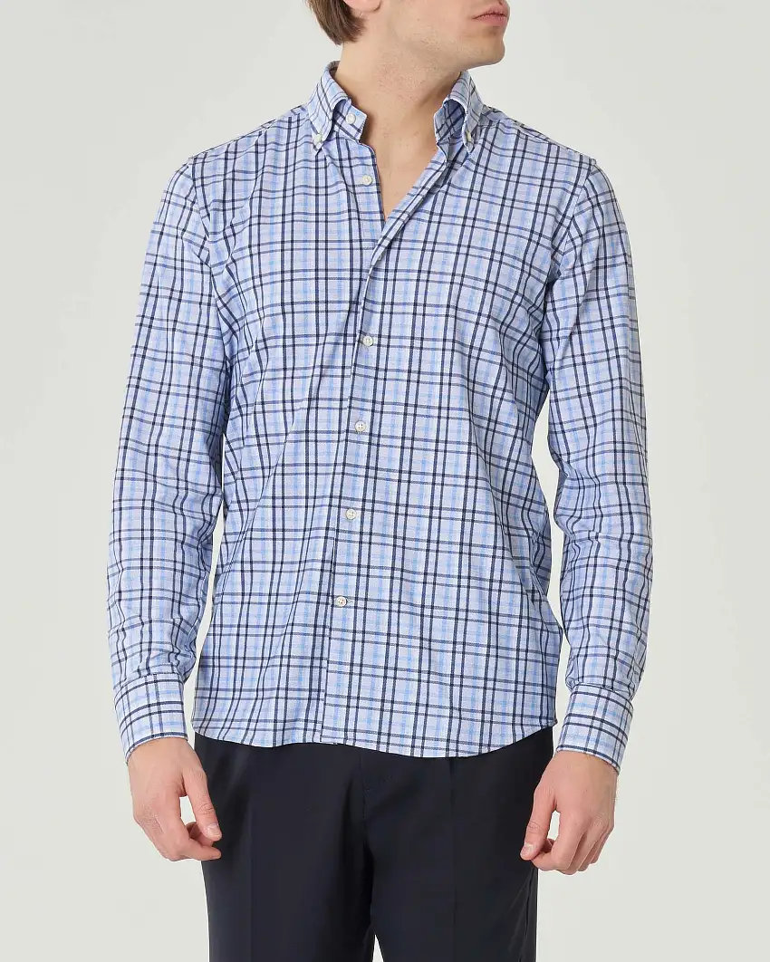 Camicia azzurra a quadri blu in tessuto tecnico hyper comfort effetto flanella con collo button down