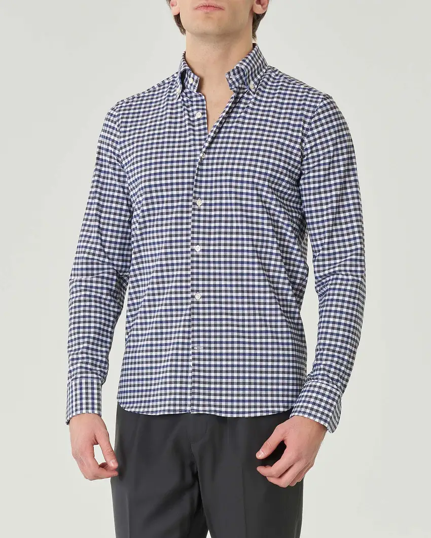 Camicia a quadretti bianchi e blu in tessuto tecnico hyper comfort con collo button down