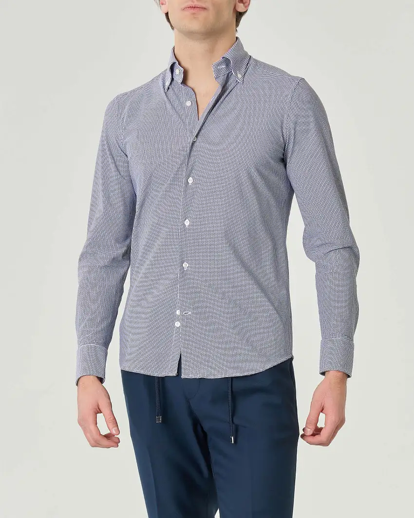 Camicia blu micro pied de poule in tessuto tecnico hyper comfort con collo button down
