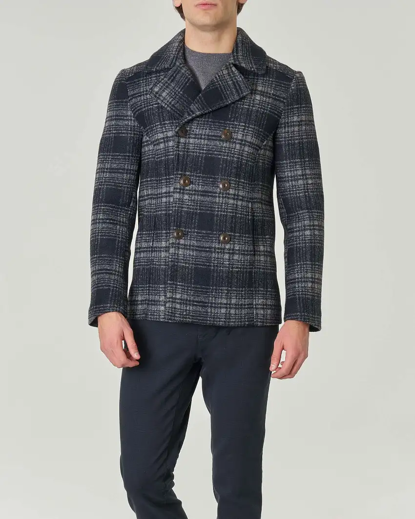 Caban fantasia check blu e grigia in panno di misto lana stretch