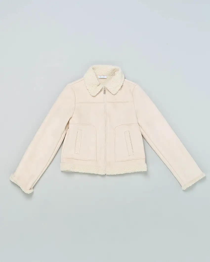 Giacca Elsy a camicia color panna in simil montone con chiusura a cerniera