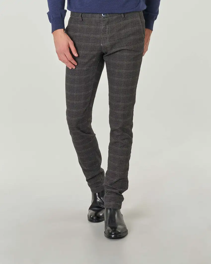 Pantalone chino principe di Galles grigio antracite slim fit in cotone stretch