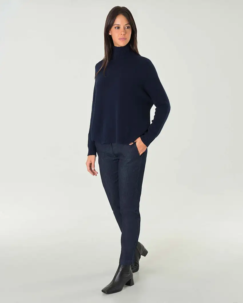 Jeans chino blu tramato in cotone stretch con spacchetti laterali al fondo