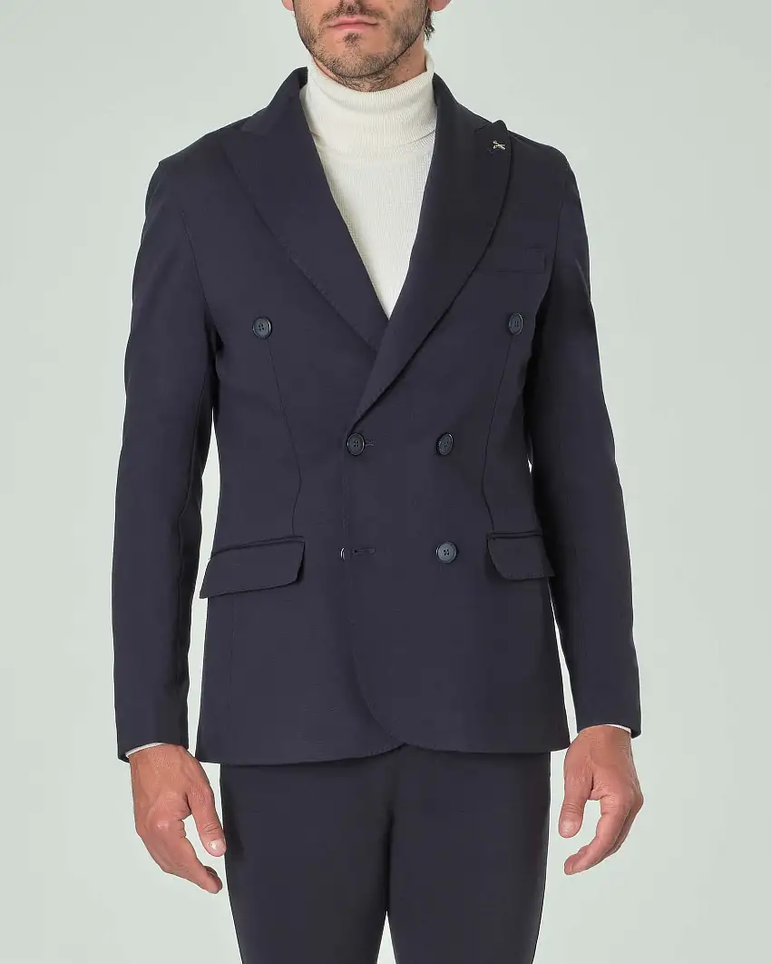 Blazer blu doppiopetto in jersey di viscosa stretch con rever a lancia