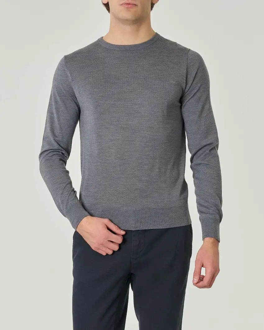 Maglia girocollo Pellizzari grigio melange in pura lana merinos ultrafine