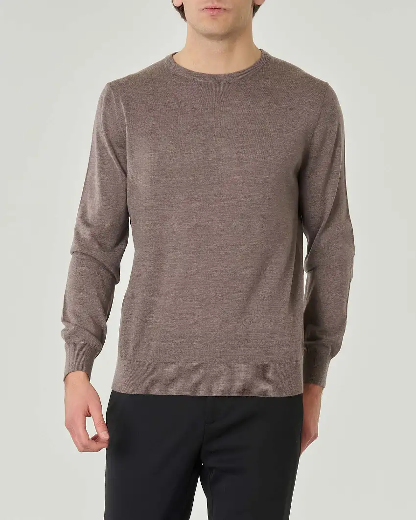 Maglia girocollo Pellizzari color noce melange in pura lana merinos ultrafine