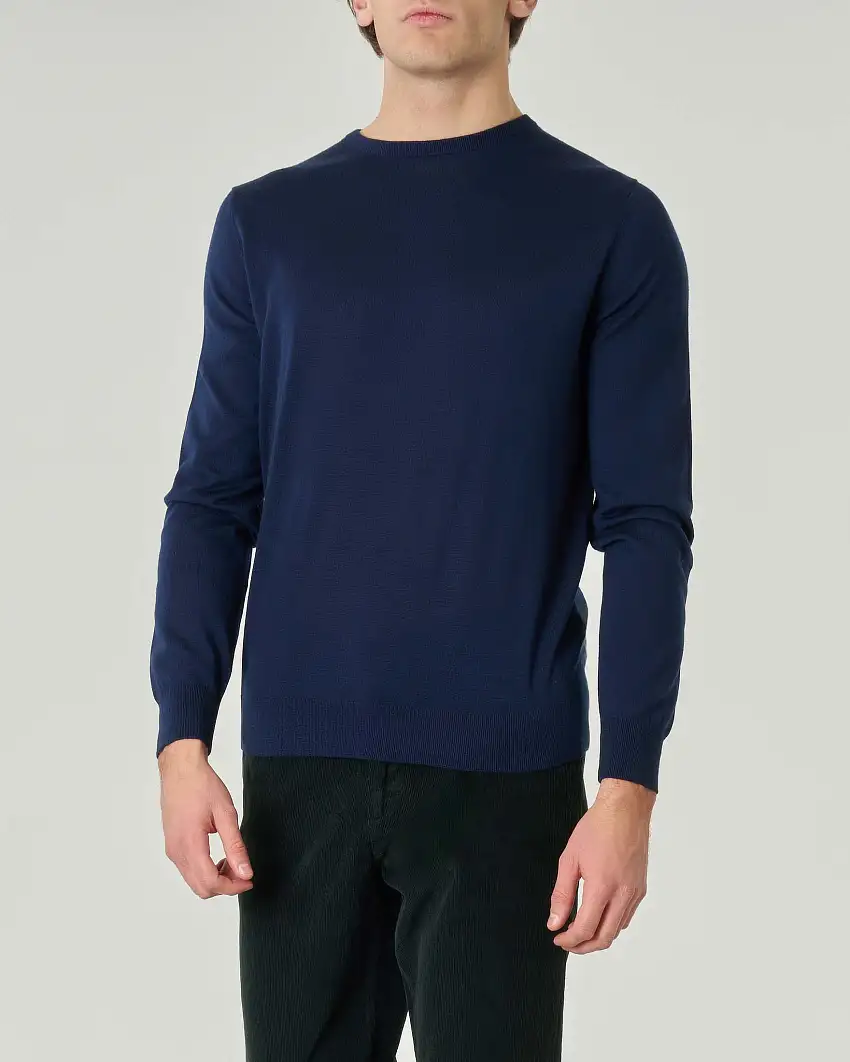 Maglia girocollo Pellizzari blu in pura lana merinos ultrafine